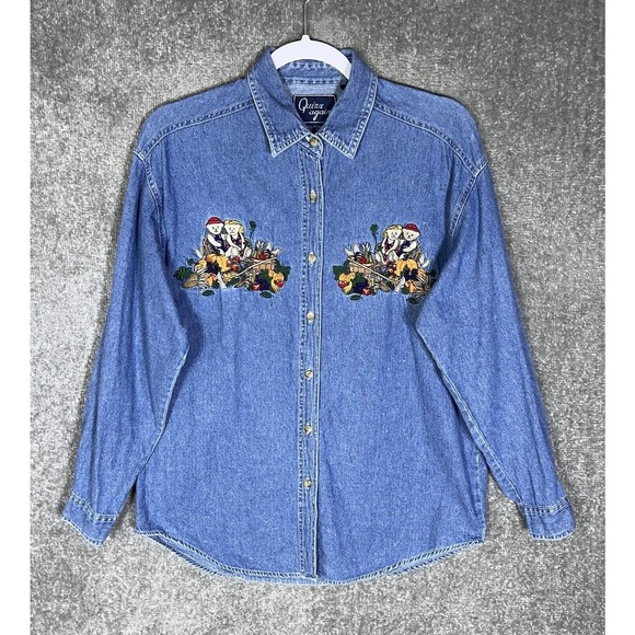Vintage Quizz Again Embroidered Bears Fall Harvest Denim Shirt Womens Size Small - Picture 1 of 7